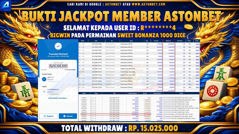 ASTONBET - BUKTI KEMENANGAN USER ID : R*******4 DI GAME SWEET BONANZA 1000 DICE RP. 15.025.000 - LUNAS