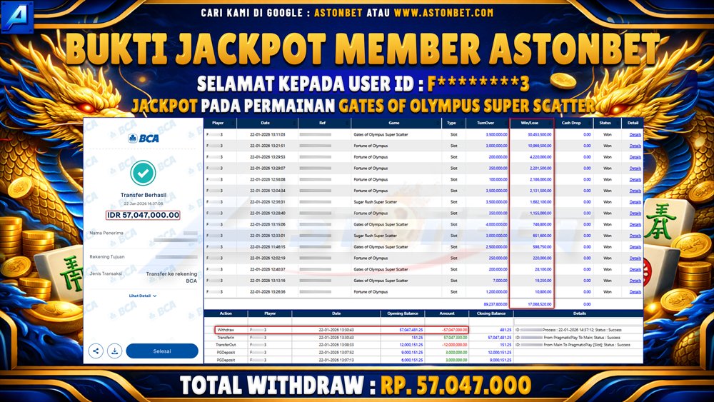 ASTONBET - BUKTI KEMENANGAN USER ID : F********3 DI GAME GATES OF OLYMPUS SUPER SCATTER RP. 57.047.000 - LUNAS