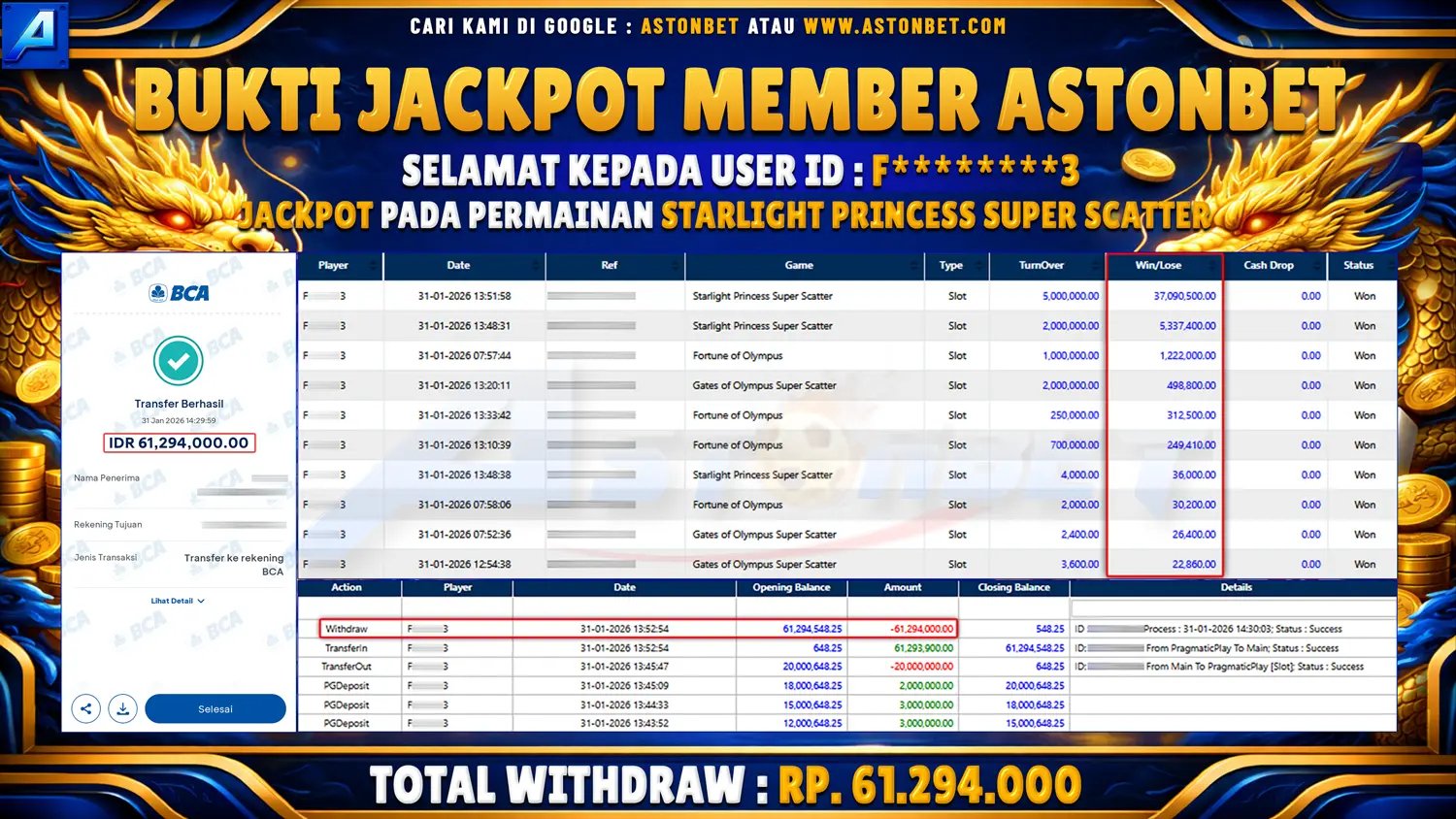 ASTONBET - BUKTI KEMENANGAN USER ID : F********3 DI GAME STARLIGHT PRINCESS SUPER SCATTER RP. 61.294.000 - LUNAS