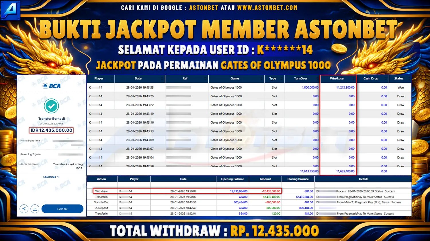 ASTONBET - BUKTI KEMENANGAN USER ID : K*****14 DI GAME GATES OF OLYMPUS 1000 RP. 12.435.000 - LUNAS