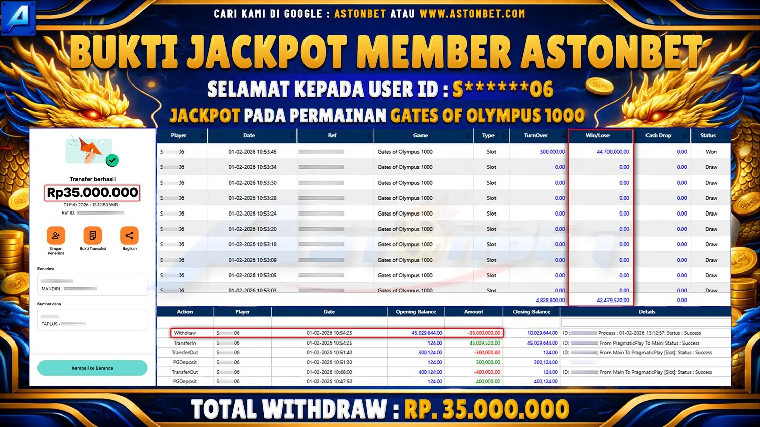 ASTONBET - BUKTI KEMENANGAN USER ID : S******06 DI GAME GATES OF OLYMPUS 1000 RP. 35.000.000 - LUNAS