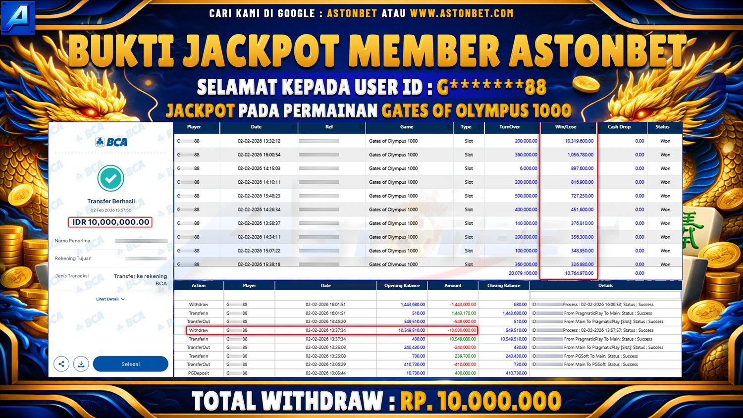 ASTONBET - BUKTI KEMENANGAN USER ID : G*******88 DI GAME GATES OF OLYMPUS 1000 RP. 10.000.000 - LUNAS
