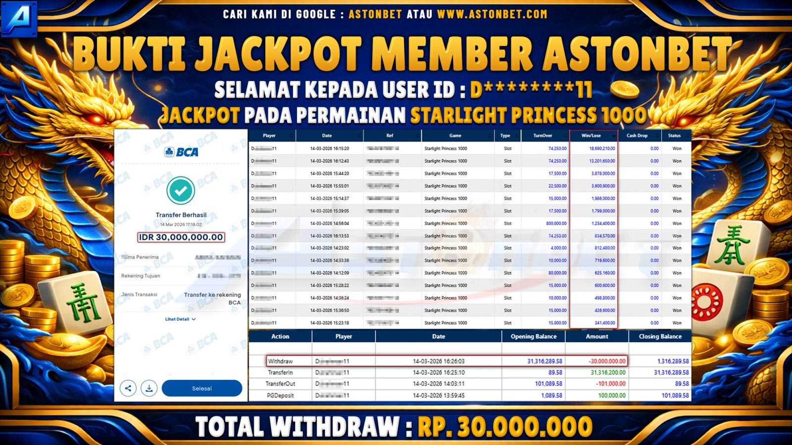 ASTONBET : BUKTI KEMENANGAN DI GAME STARLIGHT PRINCESS 1000 - RP. 30.000.000 - LUNAS