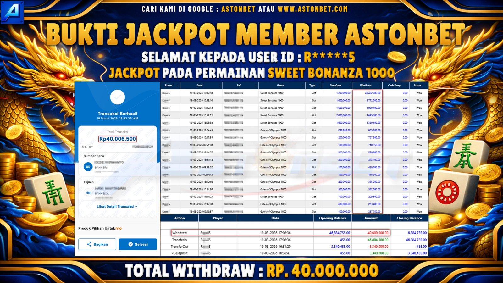 ASTONBET : BUKTI KEMENANGAN DI GAME SWEET BONANZA 1000 - RP. 40.000.000 - LUNAS